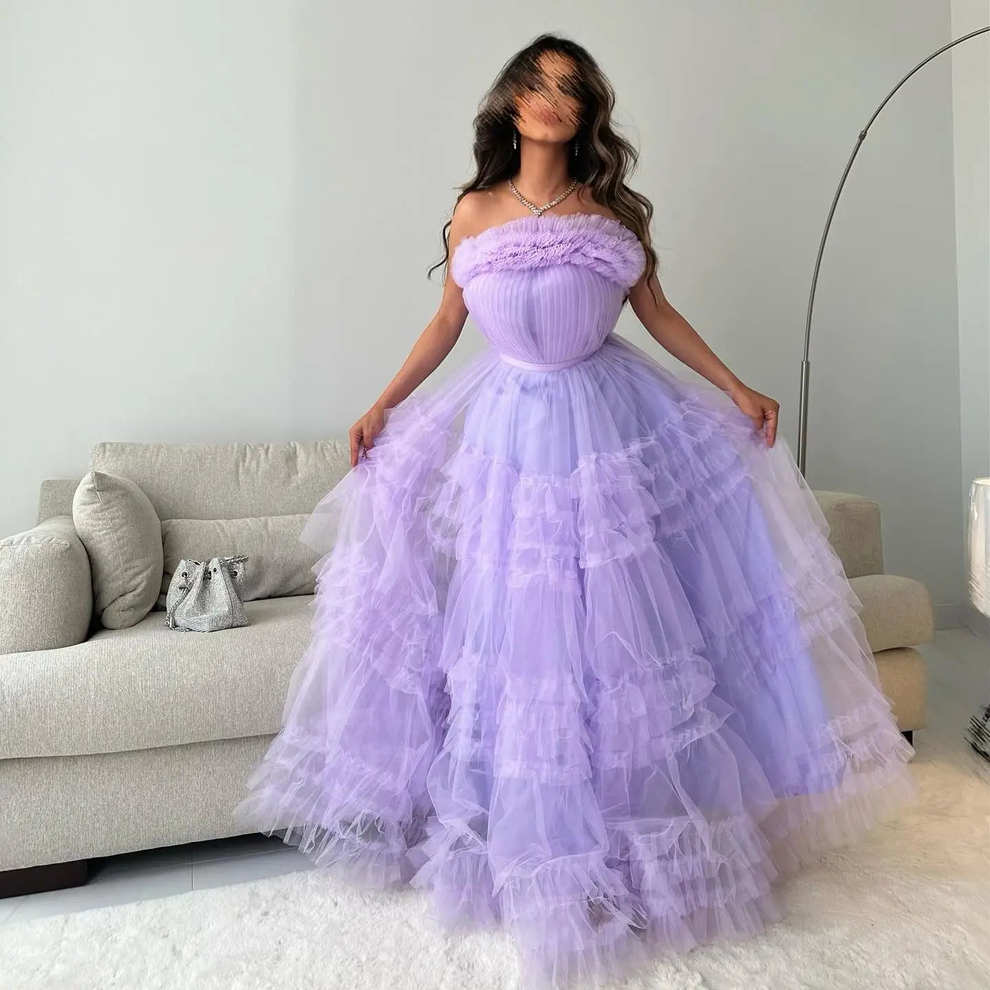 Strapless Tulle Lilac A-Line Party Evening Dress Long Prom Dresses 2024