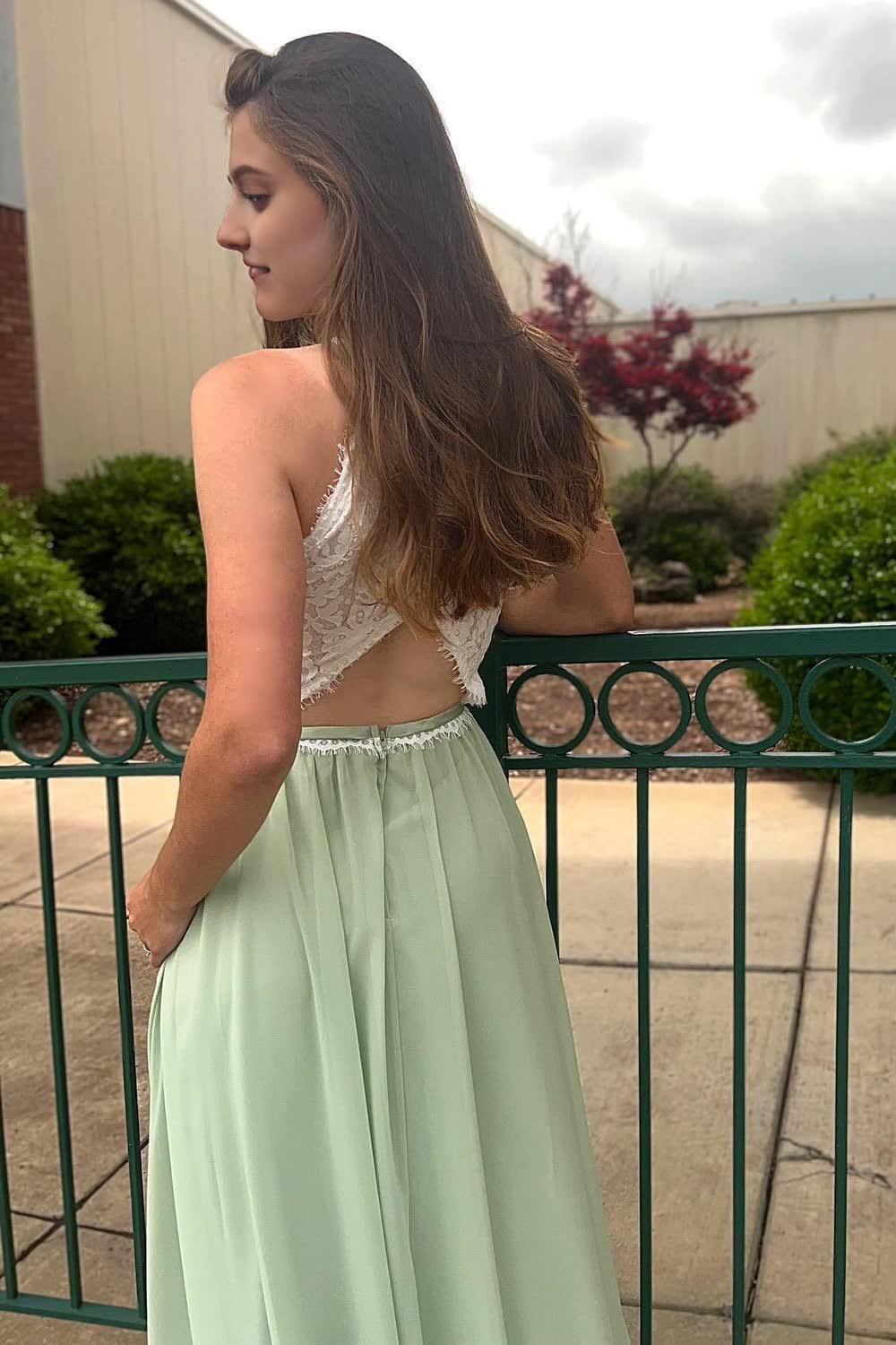 Elegant Mint Green Chiffon Prom Dress – Sheer Back Lace Evening Gown For Women, US Size 6