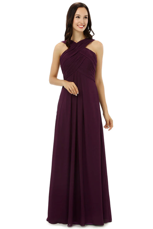 Chiffon Purple Halter Long Bridesmaid Dresses