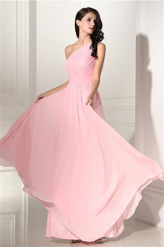 Chiffon Pink One Shoulder Long Bridesmaid Dresses