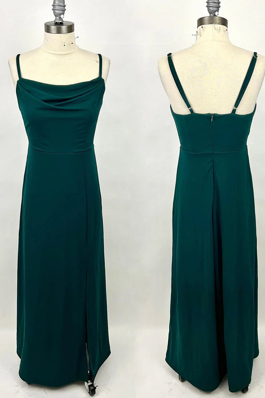 Dark Green Cowl Neck Straps Chiffon Long Bridesmaid Dress