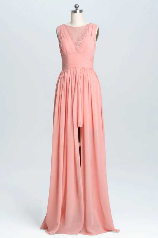 Coral A-line Chiffon Empire Long Bridesmaid Dress