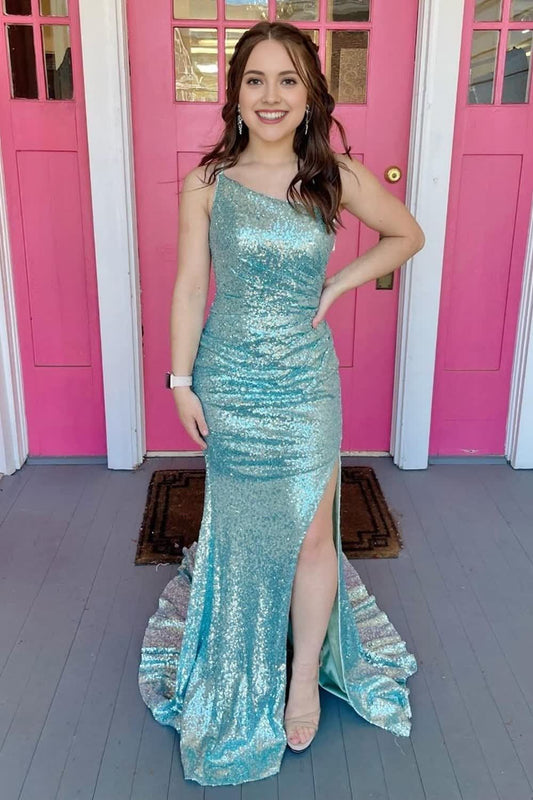 One Shoulder Sequins Mermaid Prom Dress with Slit