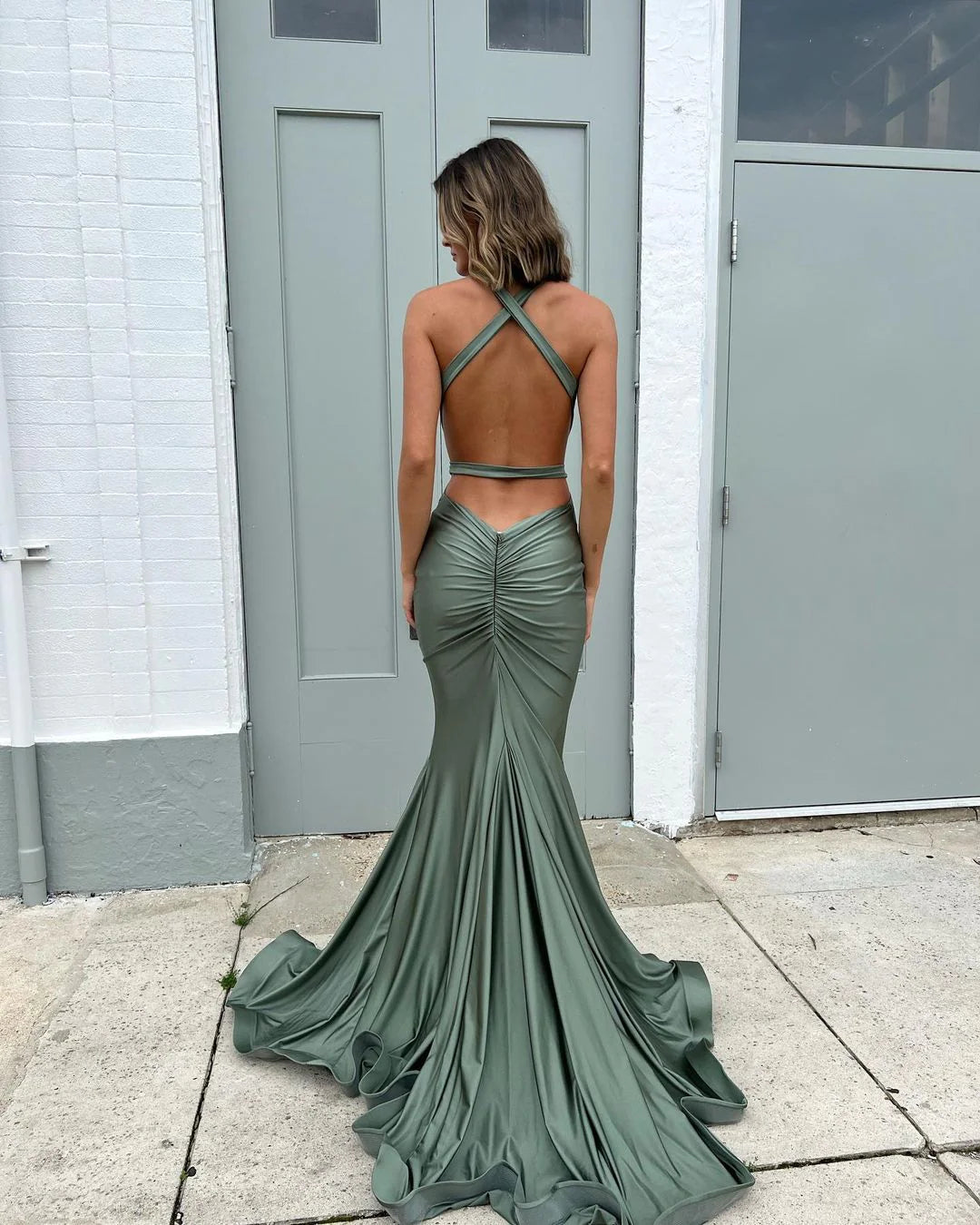 Charming Mermaid V Neck Dark Green Elastic Satin Long Prom Dresses