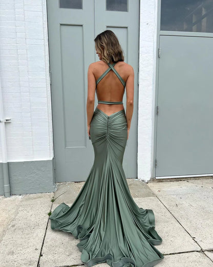 Charming Mermaid V Neck Dark Green Elastic Satin Long Prom Dresses