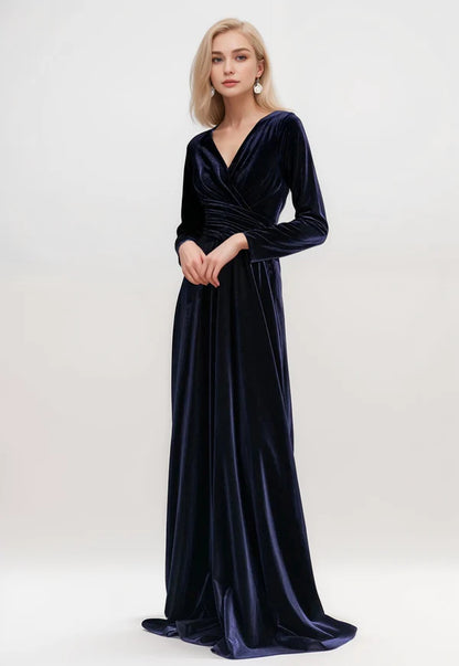 Sexy Long sleeves V-Neck tilting ruched waist wrap Velvet Dress