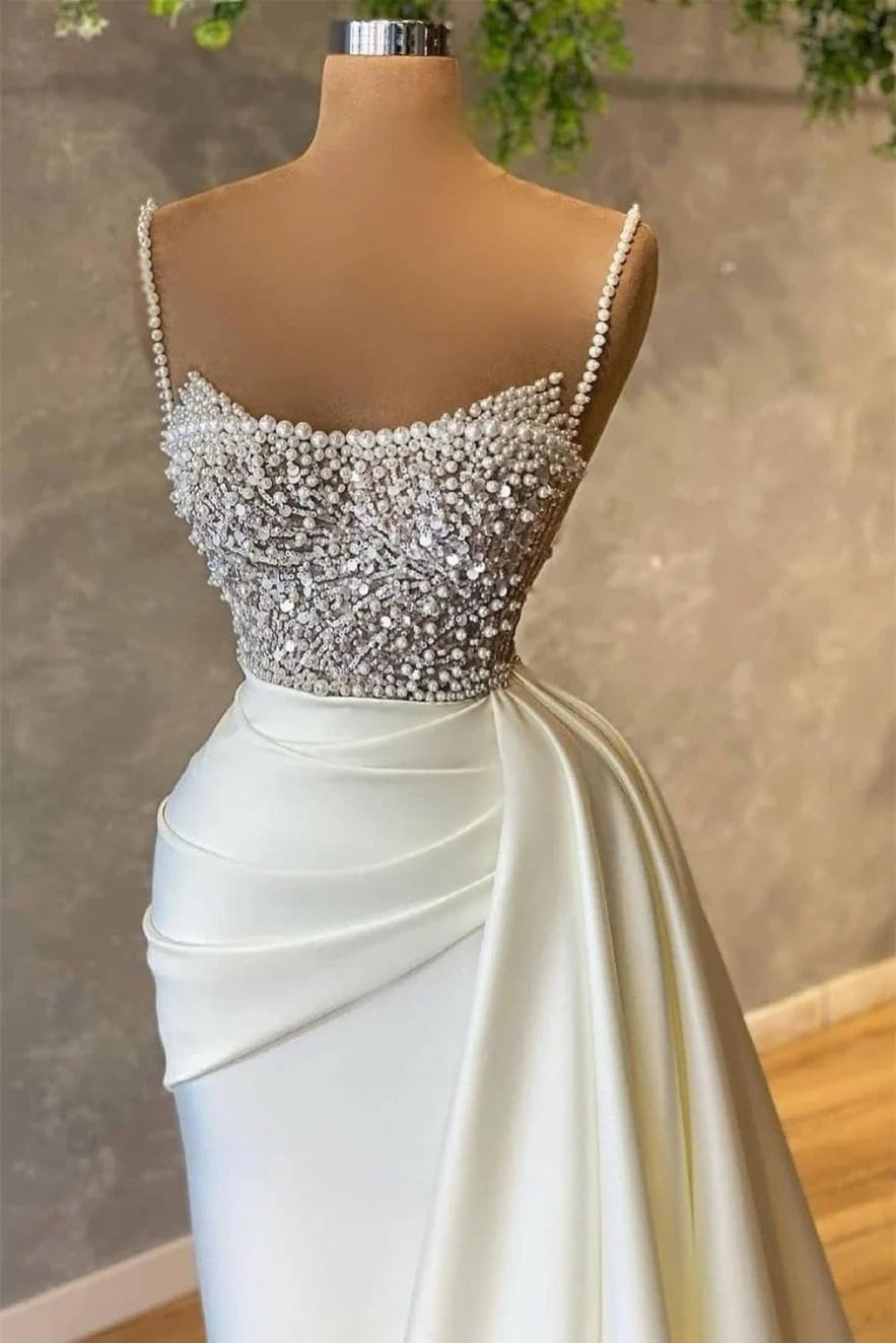 Spaghetti strap Mermaid Sweetheart Sleeveless Sequined Beaded Floor-length Prom Dress