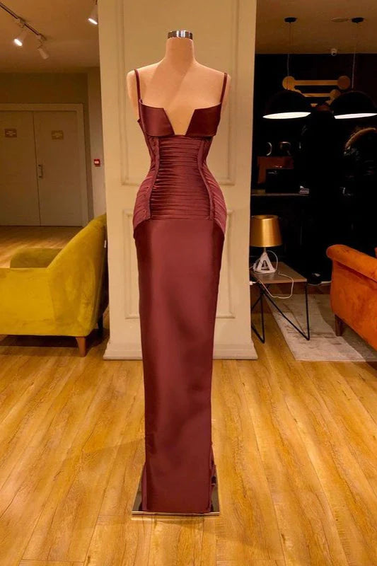 Designer Burgundy Spaghetti-Straps Mermaid Prom Dress Long With Ruched