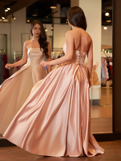 Sleeveless Satin A-Line Floor-Length Evening Gown Slit with Tulle Strapless Prom Dress