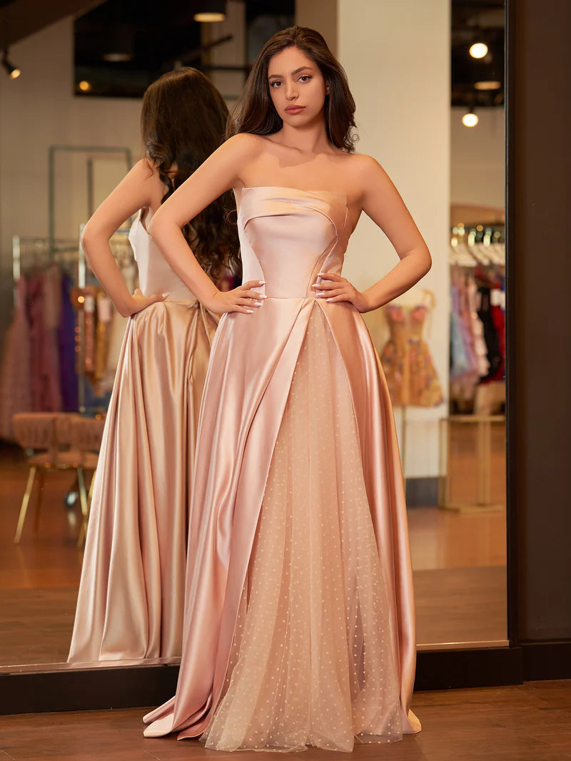 Sleeveless Satin A-Line Floor-Length Evening Gown Slit with Tulle Strapless Prom Dress