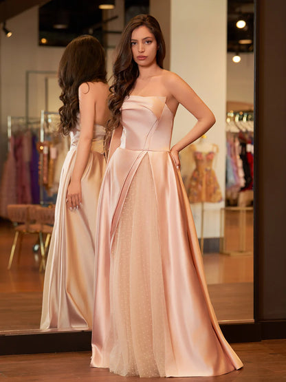 Sleeveless Satin A-Line Floor-Length Evening Gown Slit with Tulle Strapless Prom Dress