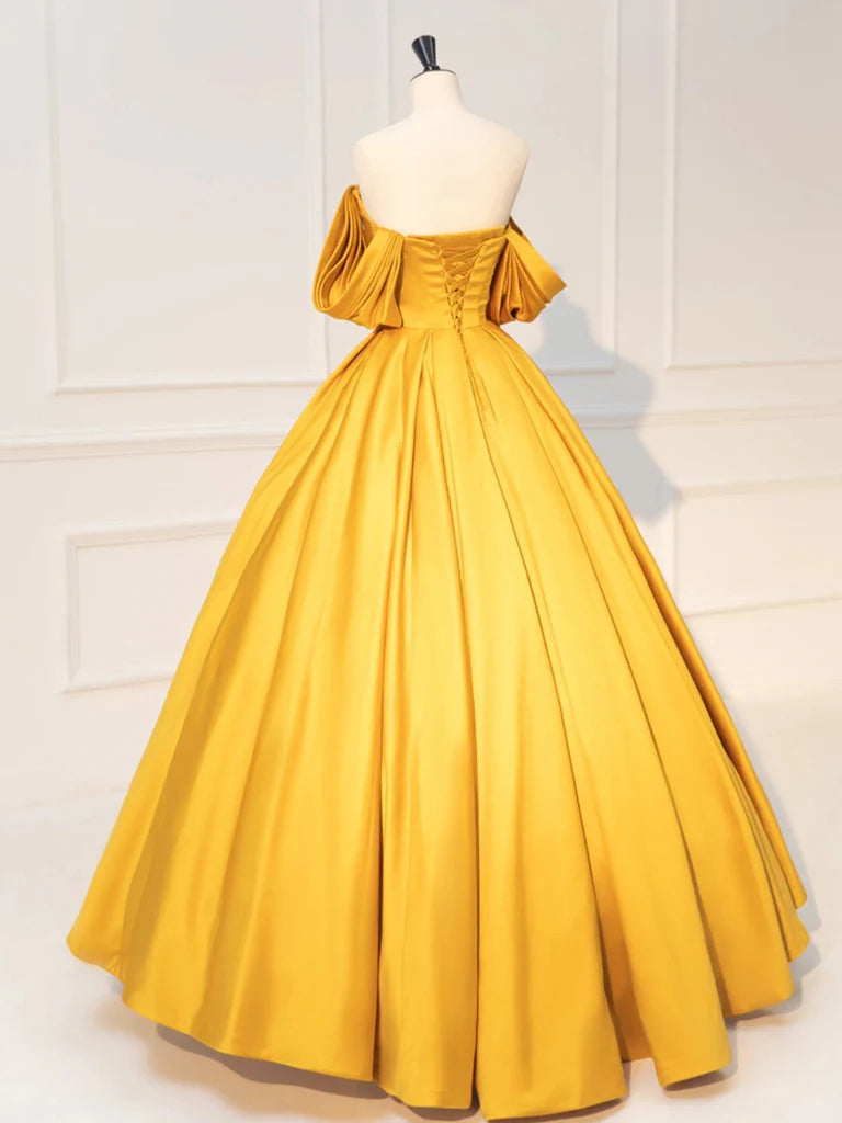 Yellow Off Shoulder Satin Long Prom Dress Quinceanera Dress