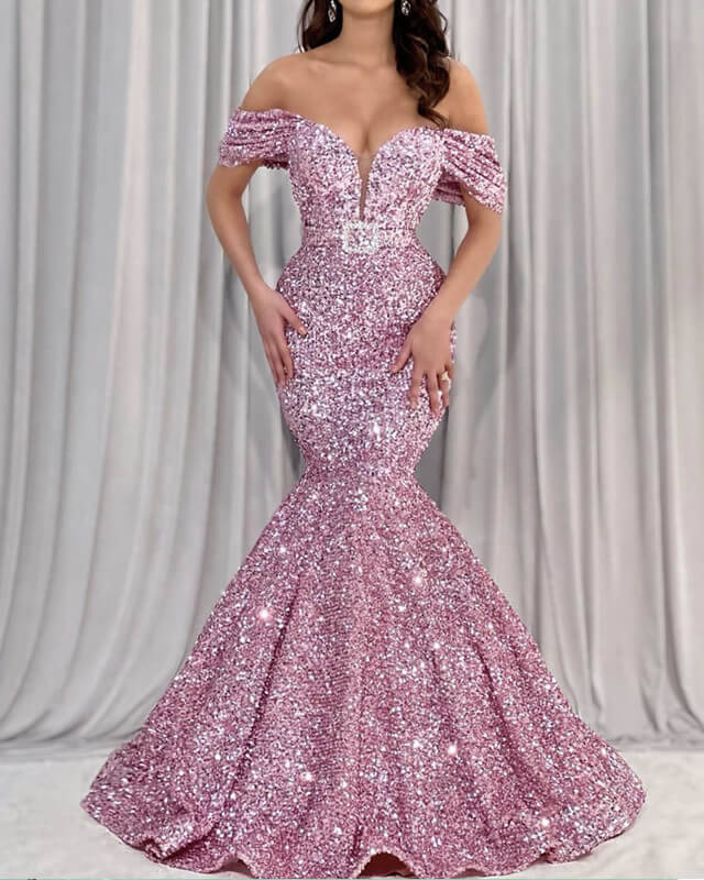 Mermaid Dusty Pink Sequin Off-shoulder Dress Evening Dresses Prom Dresses