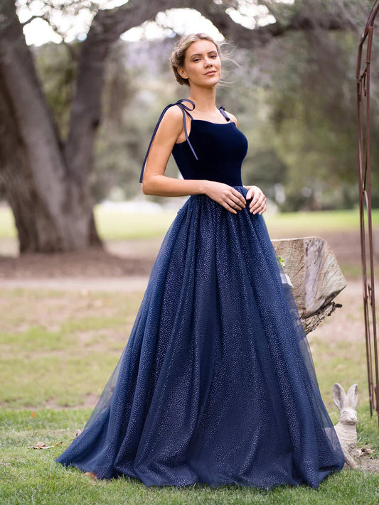 Spagatti Straps Velvet Tulle Floor Length Prom Dress