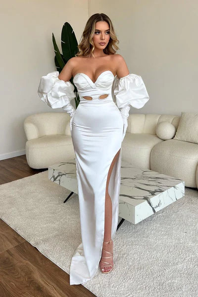 Sweetheart Long White Mermaid Split Front Popular Prom Dress With Sleeves