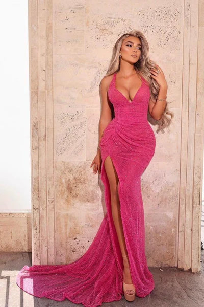 Fuchsia V-Neck Sleeveless Mermaid Prom Dress with Sequins and High Split