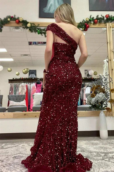 Sequined Burgundy One Shoulder Sleeveless Mermaid Prom Dress