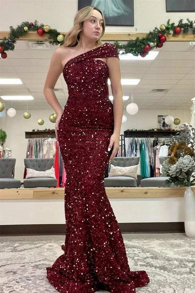 Sequined Burgundy One Shoulder Sleeveless Mermaid Prom Dress