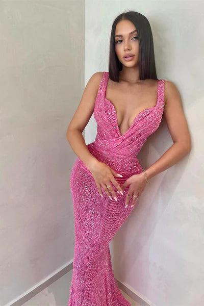 Fuchsia Pink Sleeveless V-Neck Mermaid Prom Dress Sequin