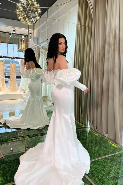 Strapless White Mermaid Prom Dress Lace-Up Back Detachable Sleeves