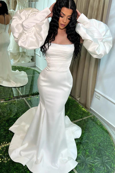 Strapless White Mermaid Prom Dress Lace-Up Back Detachable Sleeves