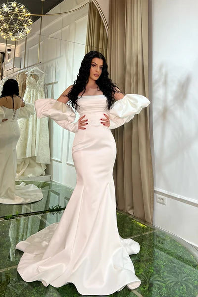 Strapless White Mermaid Prom Dress Lace-Up Back Detachable Sleeves