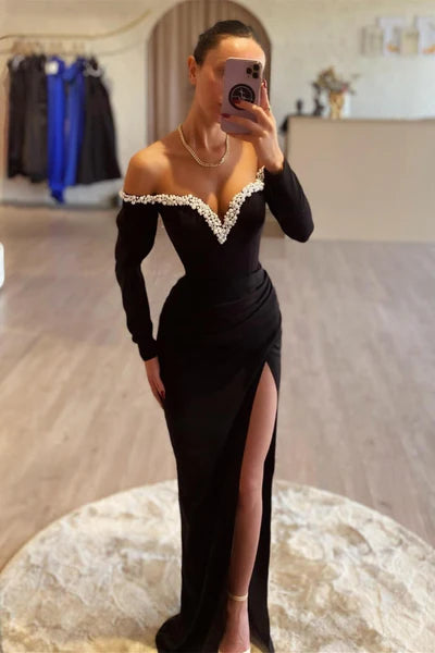 Olive Green Off-the-Shoulder Prom Dress with A-Line Cut Long Slit and Sequins