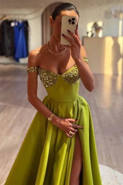 Olive Green Off-the-Shoulder Prom Dress with A-Line Cut Long Slit and Sequins