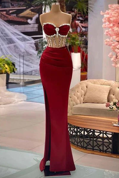 Beaded Burgundy Mermaid Prom Dress