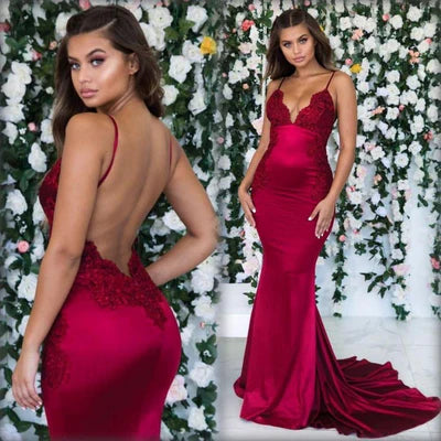 Sleeveless Mermaid Backless Prom Dresses Spaghetti-Straps Lace Appliques Evening Gowns