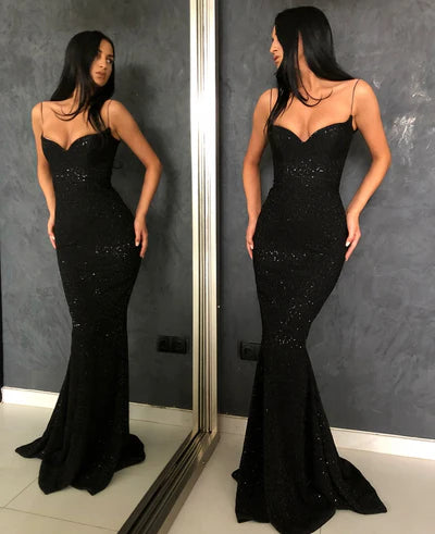 Black Spaghetti-Strapss Mermaid Prom Dress Sequins Long