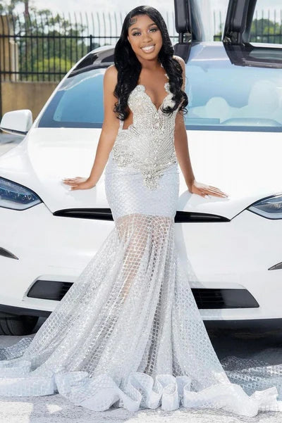 Straps V-neck Silver Beaded Mermaid Sparkle Prom Dresses