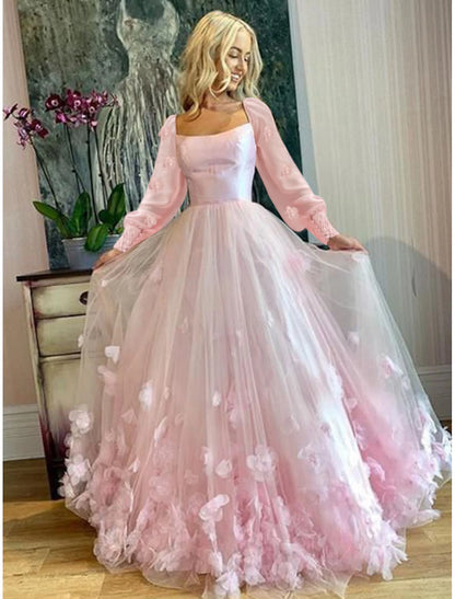 A-Line Prom Dresses Maxi Dress Wedding Guest Sweet 16 Floor Length Long Sleeve Scoop Neck Tulle