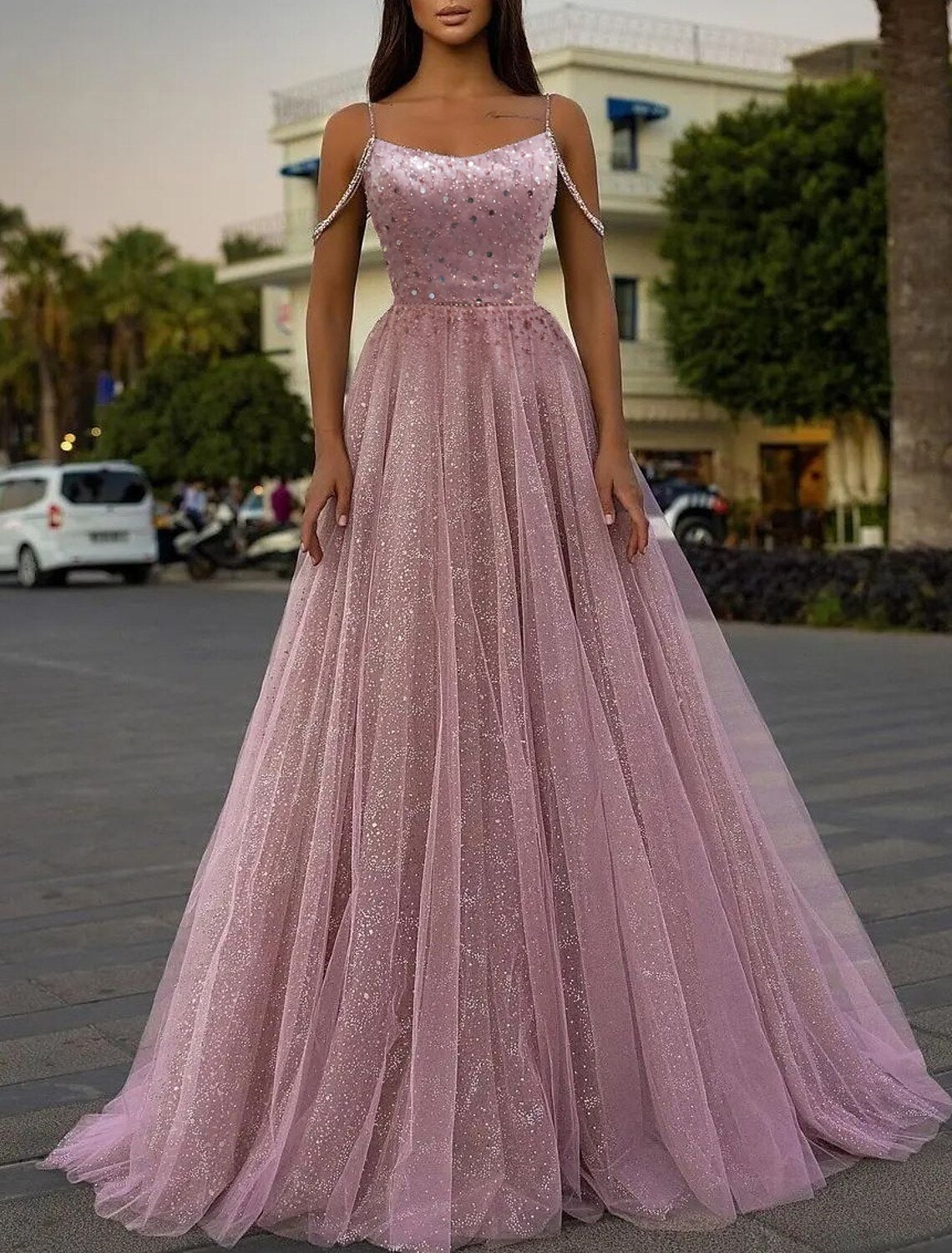 A-Line Prom Dresses Sparkle & Shine Dress Wedding Guest Prom Sweep / Brush Train Sleeveless Spaghetti Strap Sequined