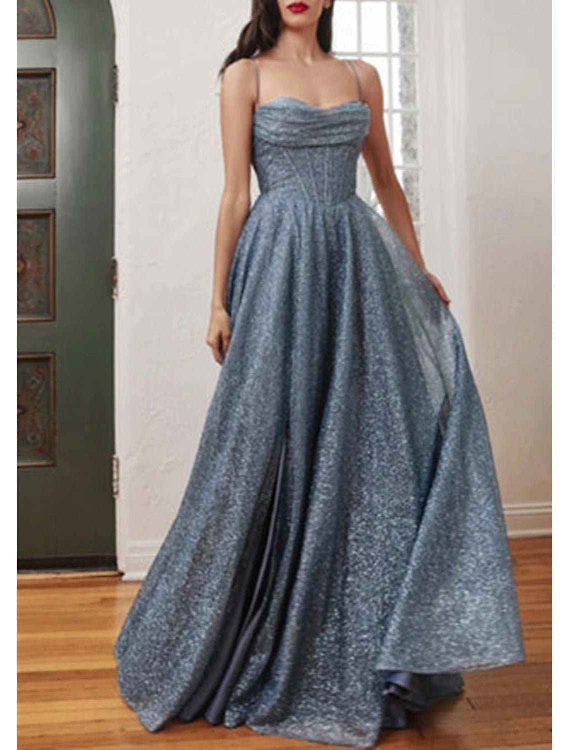 A-Line Gold Prom Dresses Glittering Dress Formal Evening Party Sweep / Brush Train Sleeveless Cowl Neck Tulle