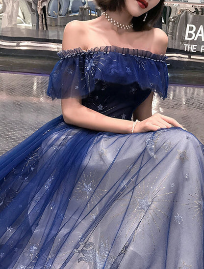 A-Line Prom Dresses Elegant Dress Wedding Guest Party Wear Floor Length Short Sleeve Off Shoulder Tulle with Embroidery Tiered dress to impress 2024