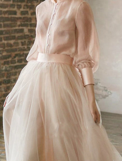 Two Piece Prom Dresses Empire Dress Wedding Guest Formal Evening Floor Length Long Sleeve Stand Collar Chiffon