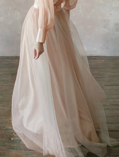 Two Piece Prom Dresses Empire Dress Wedding Guest Formal Evening Floor Length Long Sleeve Stand Collar Chiffon