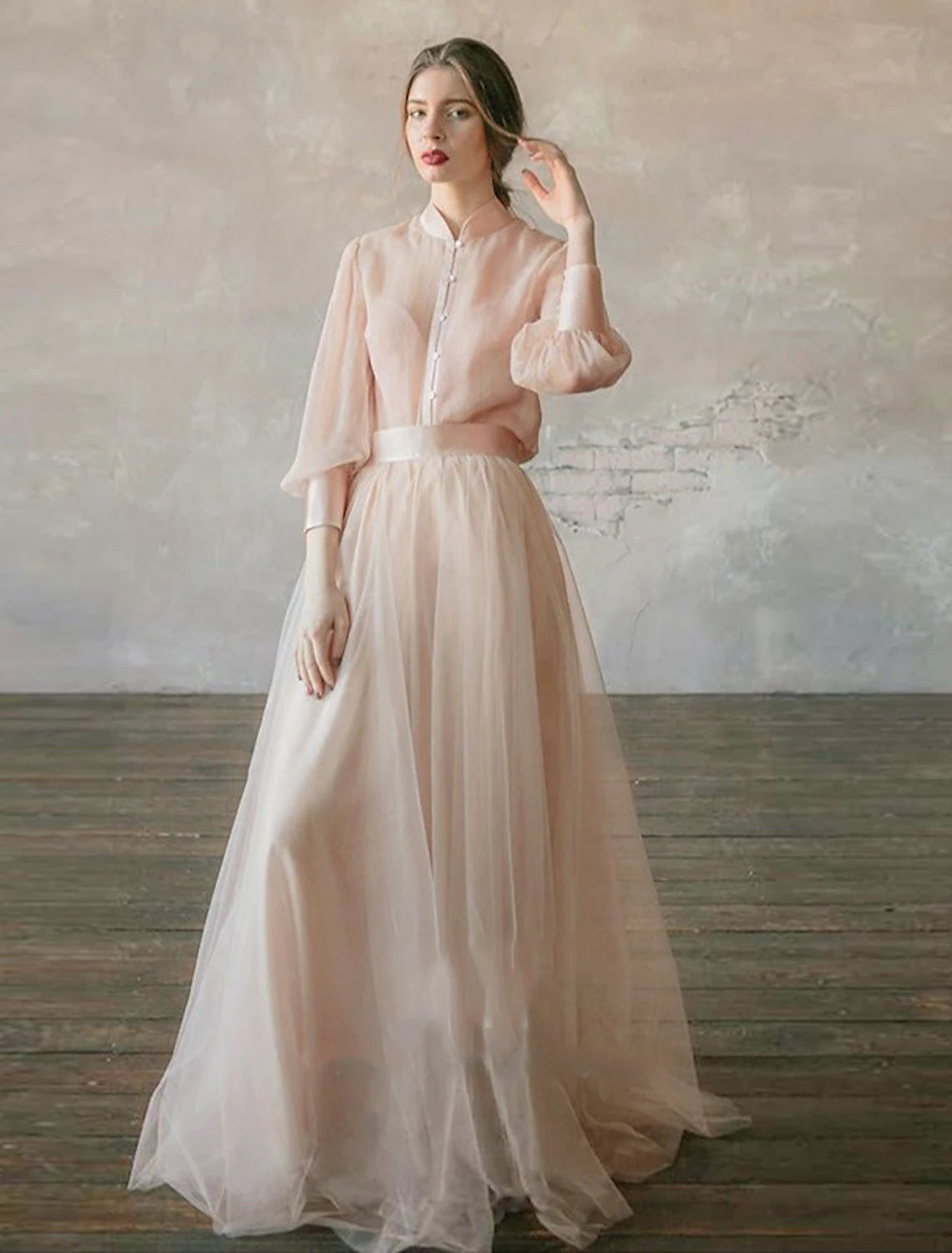 Two Piece Prom Dresses Empire Dress Wedding Guest Formal Evening Floor Length Long Sleeve Stand Collar Chiffon