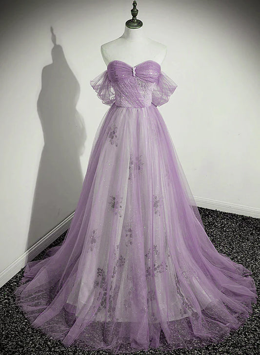 Lavender Tulle A-line Beaded Off Shoulder Party Dress Long Formal Quinceanera Dress