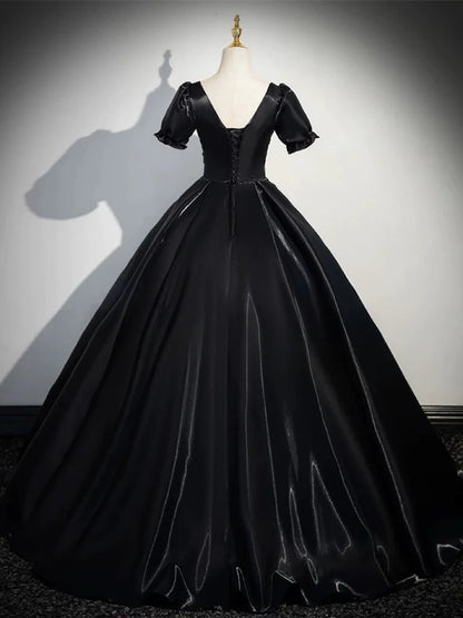 A-Line Satin Black Long Prom Dress Quinceanera Dress