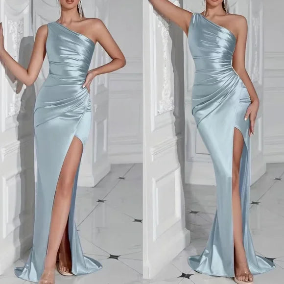 Luxe baby blue one shoulder slit thigh party formal prom gown dress