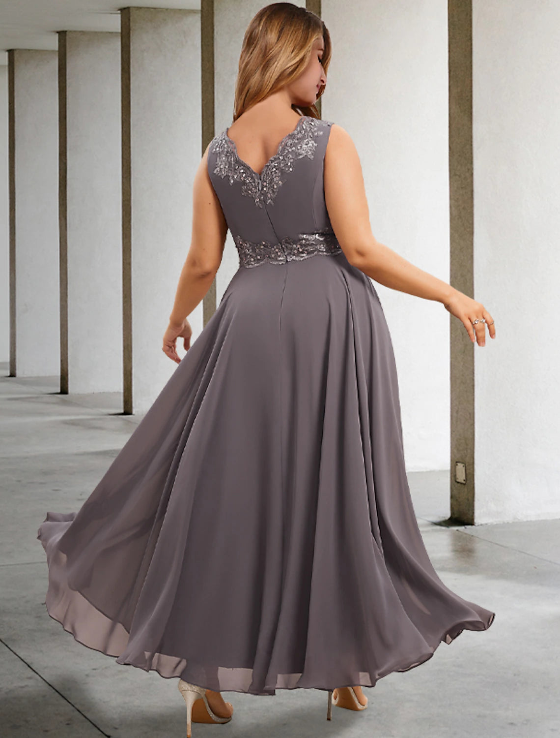 Two Piece Wedding Guest Dress Formal Tea Length Sleeveless V Neck Chiffon with Appliques