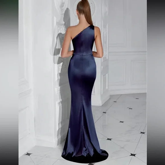 Luxe baby blue one shoulder slit thigh party formal prom gown dress