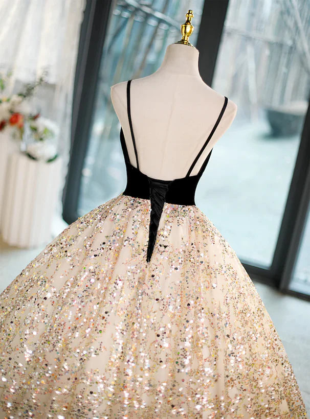 Sequins/Sparkling Light Champagne Beaded V-neckline Ballgown Straps Long Prom Dress