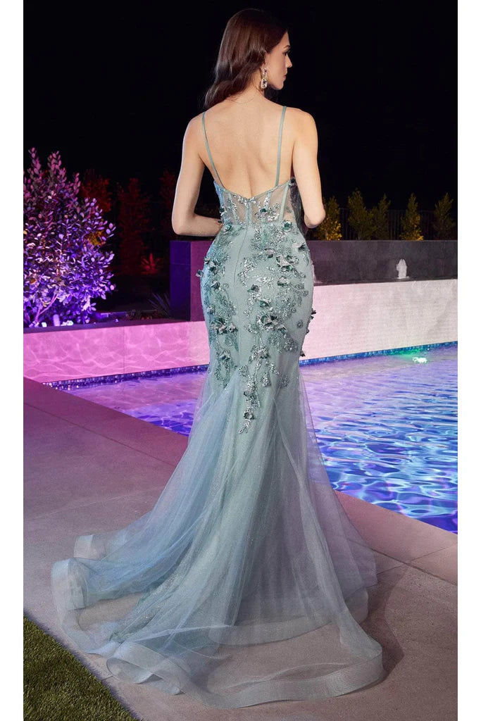 Tulle gown embellished with glitter and 3D butterfly appliques Featuring an open back zipper closure and a sweeping train