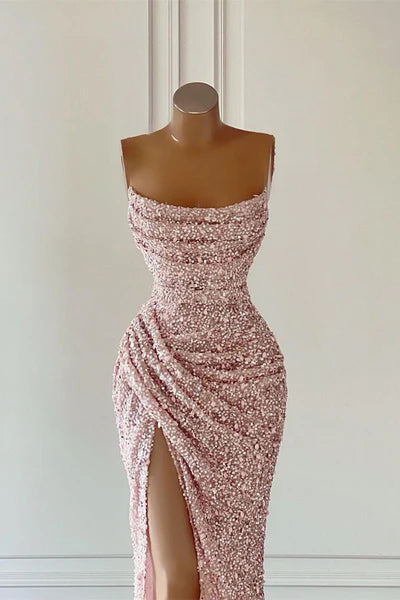 Pink Sequins Sleeveless Evening Dresses With Split