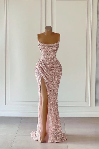 Pink Sequins Sleeveless Evening Dresses With Split