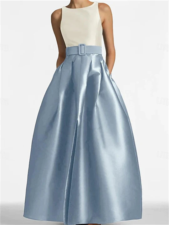 A-Line Scoop Sleeveless Floor-Length Formal Evening Dresses with Belt