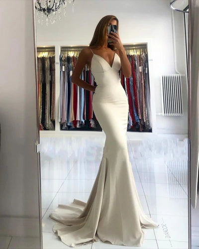 Simple style V-neck Mermaid Ivory Spaghetti Strap Evening Dress